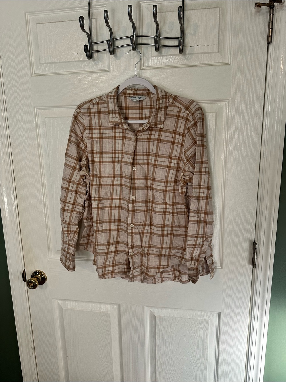 Old Navy Cream and Brown Plaid Button-Down Shirt